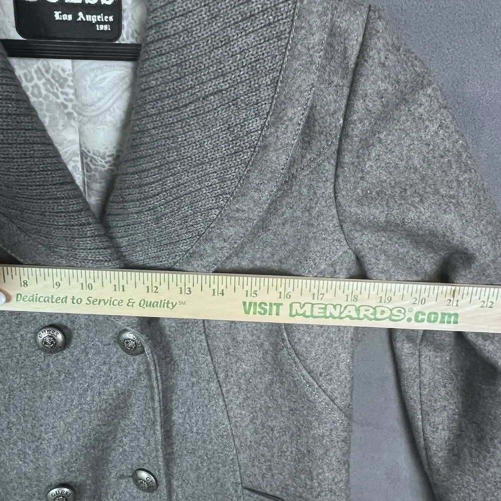 Guess Wool Coat Women’s Sz L Gray Double Breasted Knit Collar Winter Classic